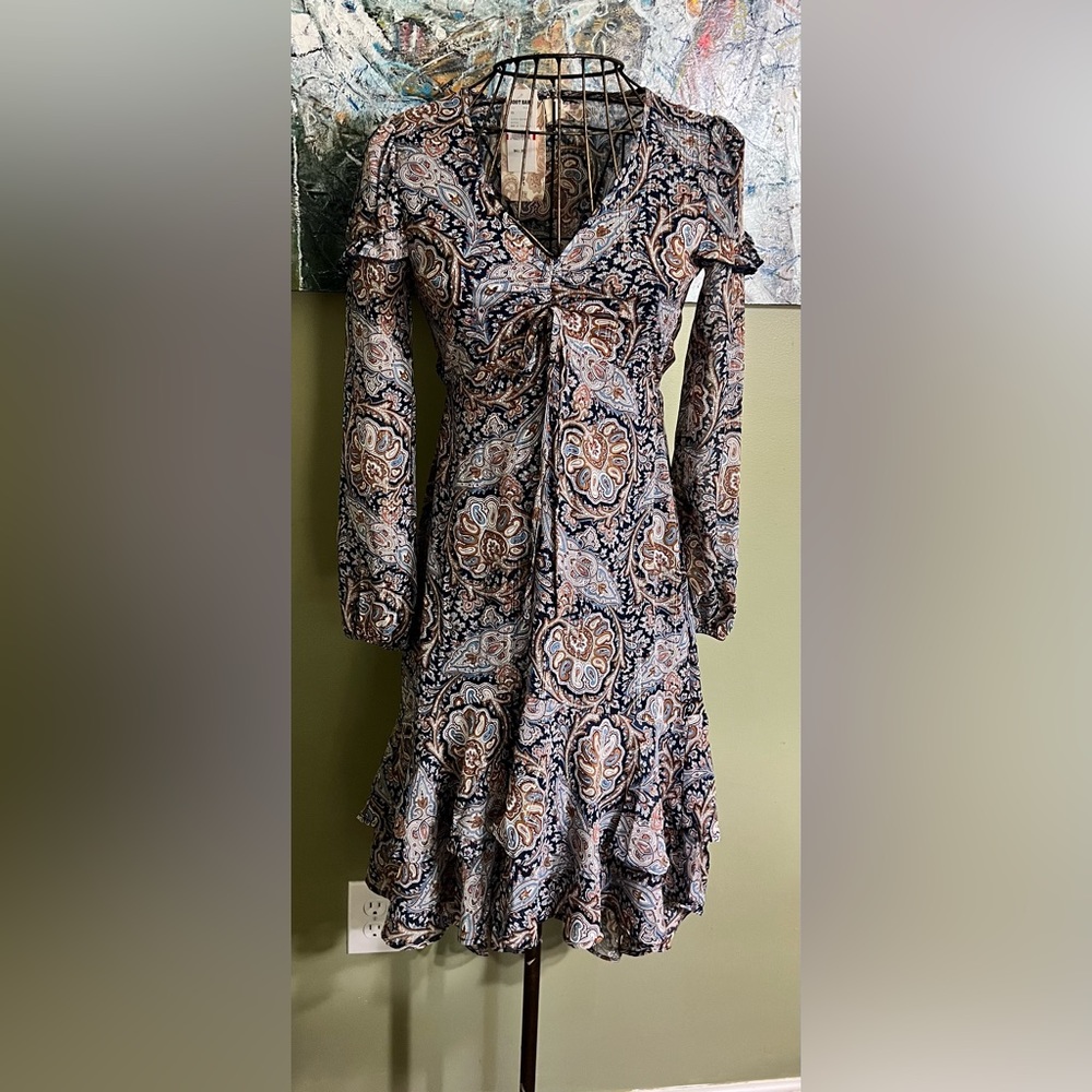 Band Of Gypsies Jayne Paisley Printed Chiffon Puff Sleeve Asymmetric Midi Dress